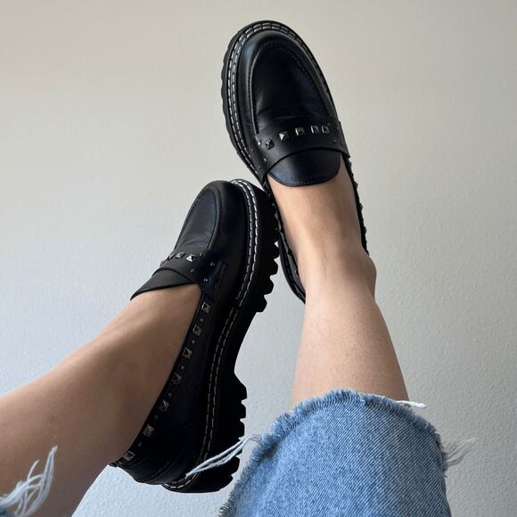 Jon Josef made in Spain Gabby Studded platform loafer black silver size 37 - Picture 1 of 11